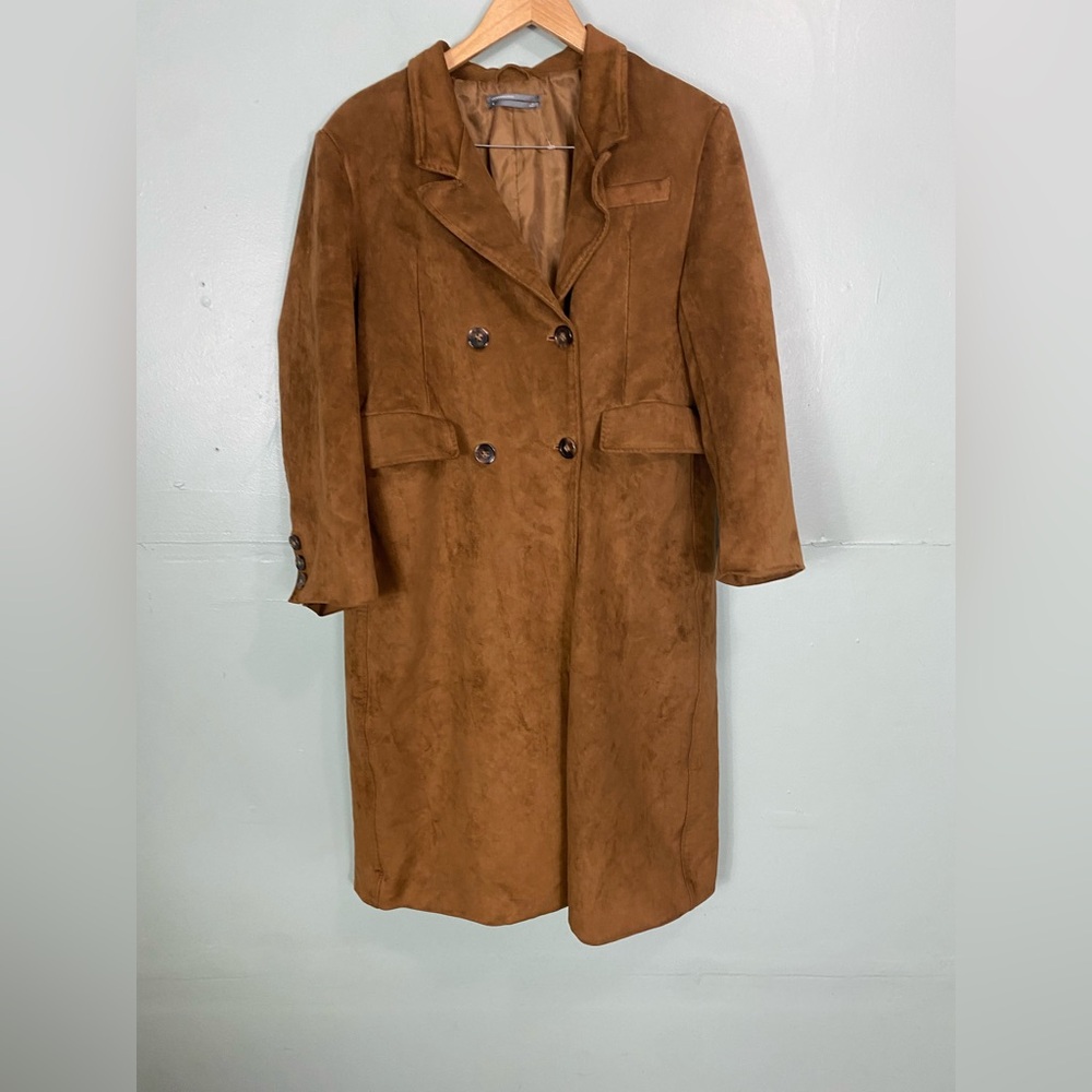 Anthropologie Faux Suede Trench Coat Brown Medium - Picture 2 of 9
